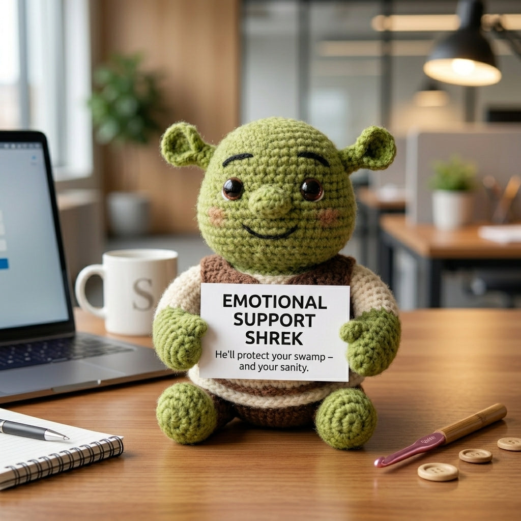 Chubby Shrek Crochet Plushie - Funny Emotional Support Desk Decor & Coworker Gift
