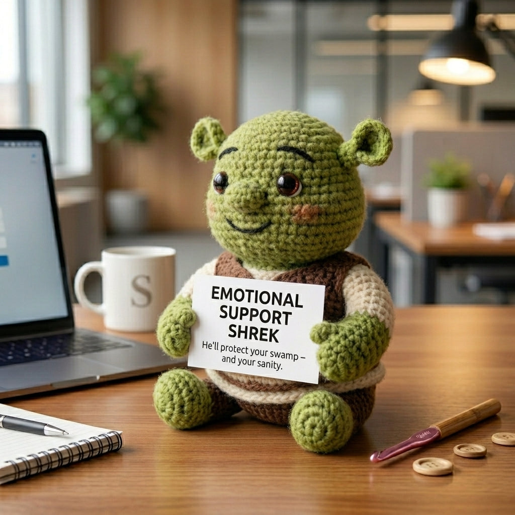 Chubby Shrek Crochet Plushie - Funny Emotional Support Desk Decor & Coworker Gift