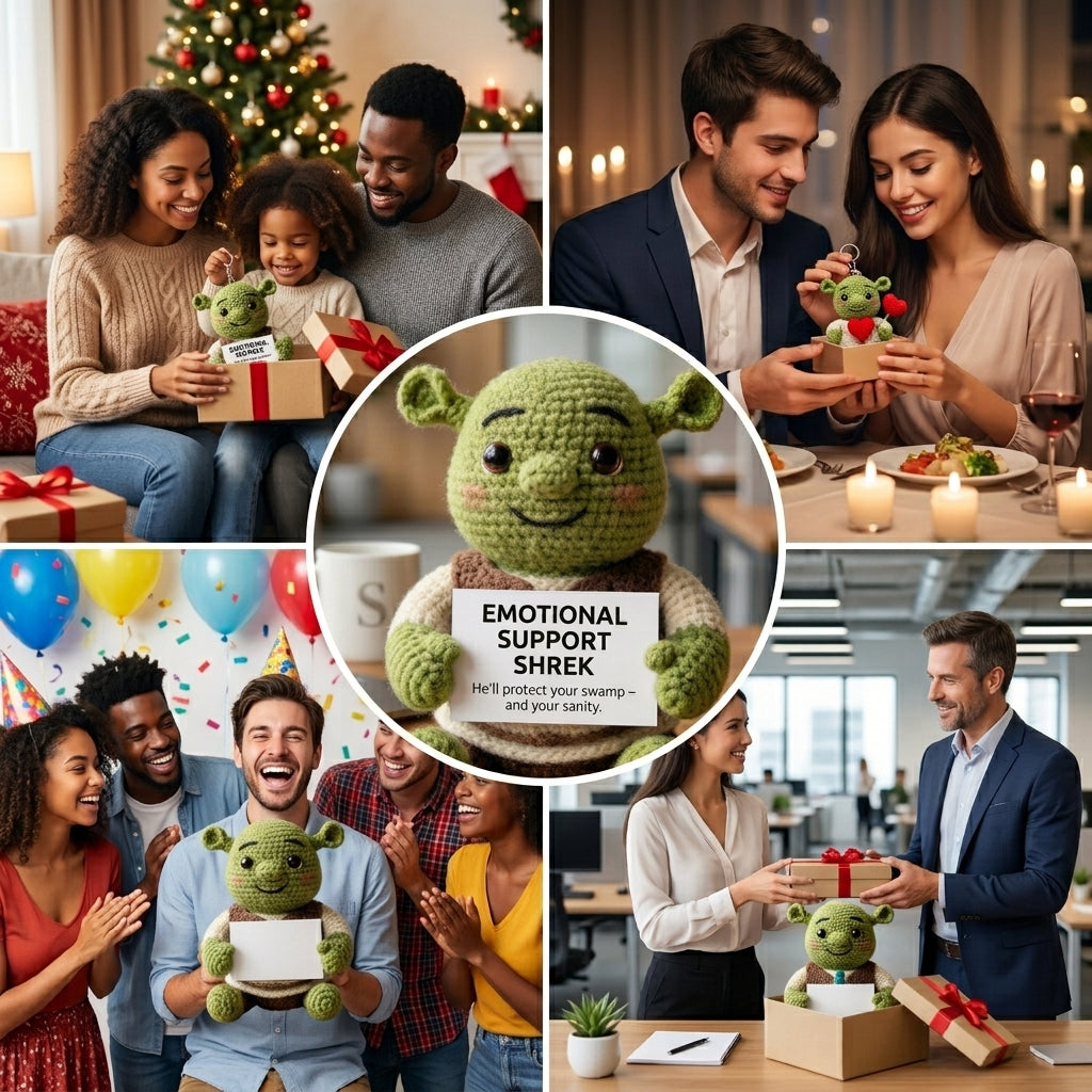 Chubby Shrek Crochet Plushie - Funny Emotional Support Desk Decor & Coworker Gift