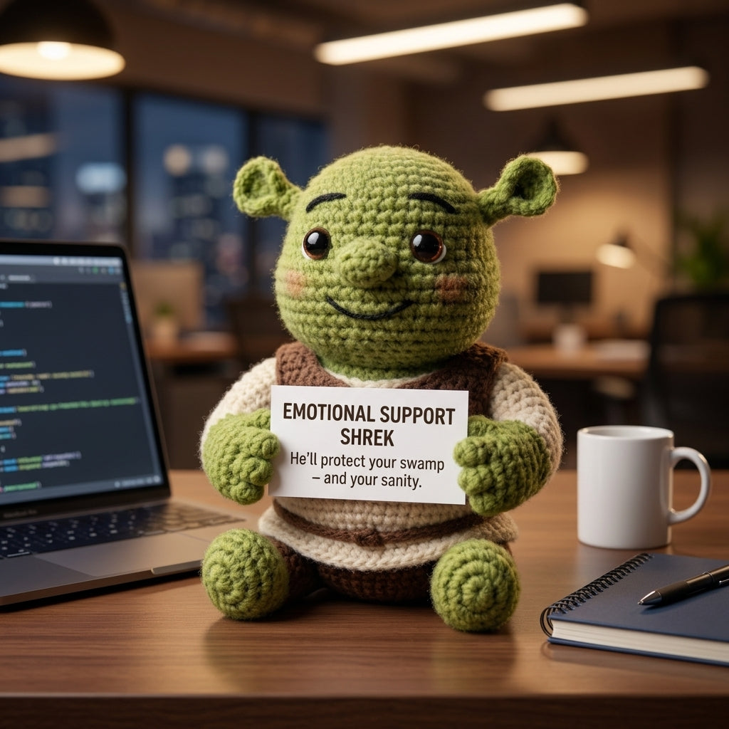 Chubby Shrek Crochet Plushie - Funny Emotional Support Desk Decor & Coworker Gift