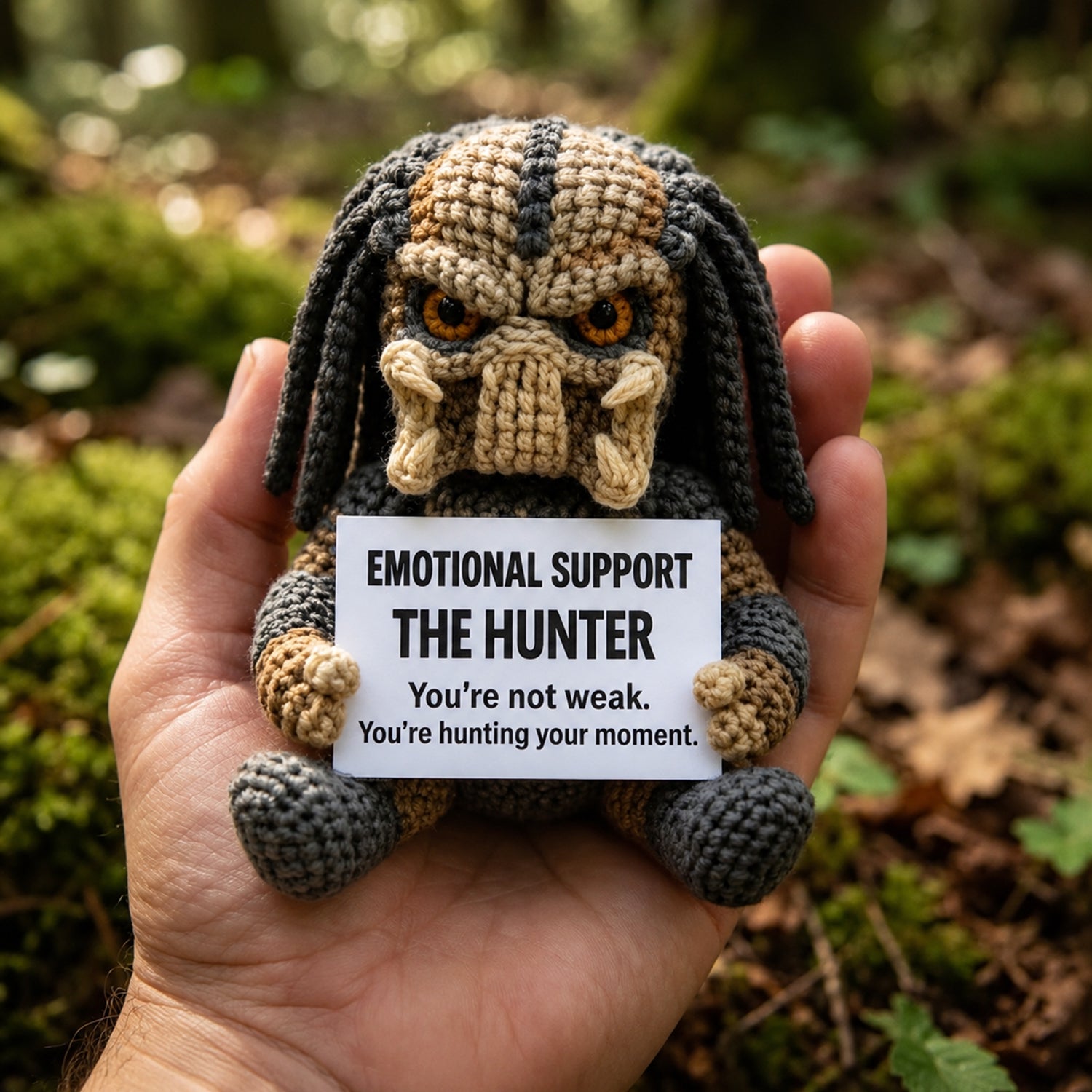 Emotional Support – The Hunter 👾 - Handmade Crochet Doll " you not weak you're hunting your moment